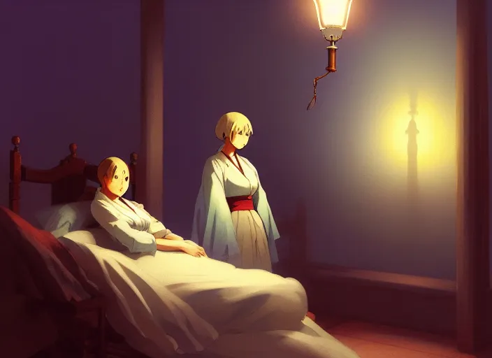 Image similar to 1 8 5 4 crimea, florence nightingale holding lamp, army hospital in scutari at night, wounded patients in beds on both sides of hospital ward, finely detailed perfect art, painted by greg rutkowski makoto shinkai takashi takeuchi studio ghibli