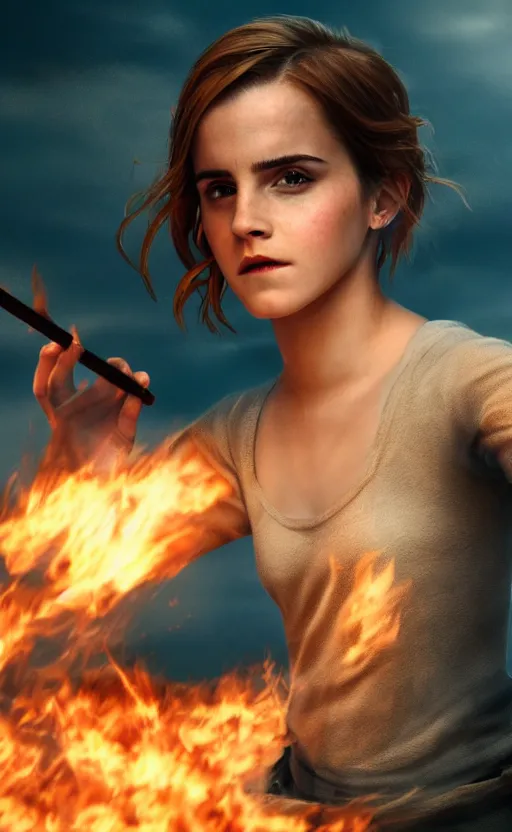 Prompt: Emma Watson casting a fire spell. Digital art trending on artstation. 4k. Tyndall effect.