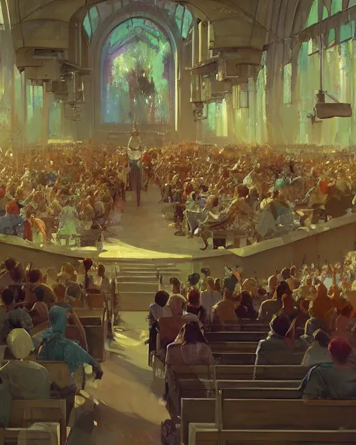 Prompt: craig mullins and moebius painting of a crowd in a futuristic church, priest, pews, ethereal, inviting, bright, unreal engine, hyper realism, realistic shading, cinematic composition, realistic render, octane render, detailed textures, photorealistic, wide shot