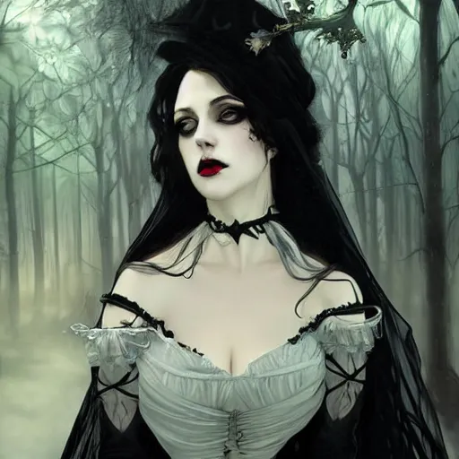 Image similar to Gothic beautiful vampire woman with captivating stare mistress of death mourning widow, white victorian dress, faint smile, shoulder over face, in foggy smoke forest, trending artstation, detailed fantasy portrait academic, sharp focus, alphonse mucha