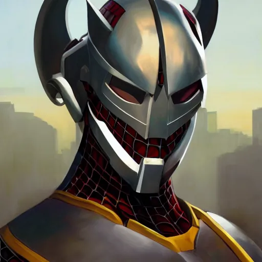 Image similar to greg manchess portrait painting of armored spiderman ultraman japanese cyborg hybrid as overwatch character, medium shot, asymmetrical, profile picture, organic painting, sunny day, matte painting, bold shapes, hard edges, street art, trending on artstation, by huang guangjian and gil elvgren and sachin teng