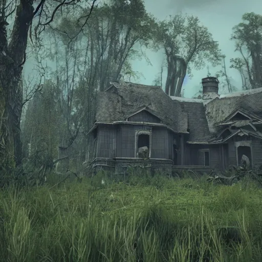 Prompt: a creepy scene of a swampy area with a house in the background, a screenshot by senior environment artist, polycount, gothic art, cryengine, playstation 5 screenshot, unreal engine 5