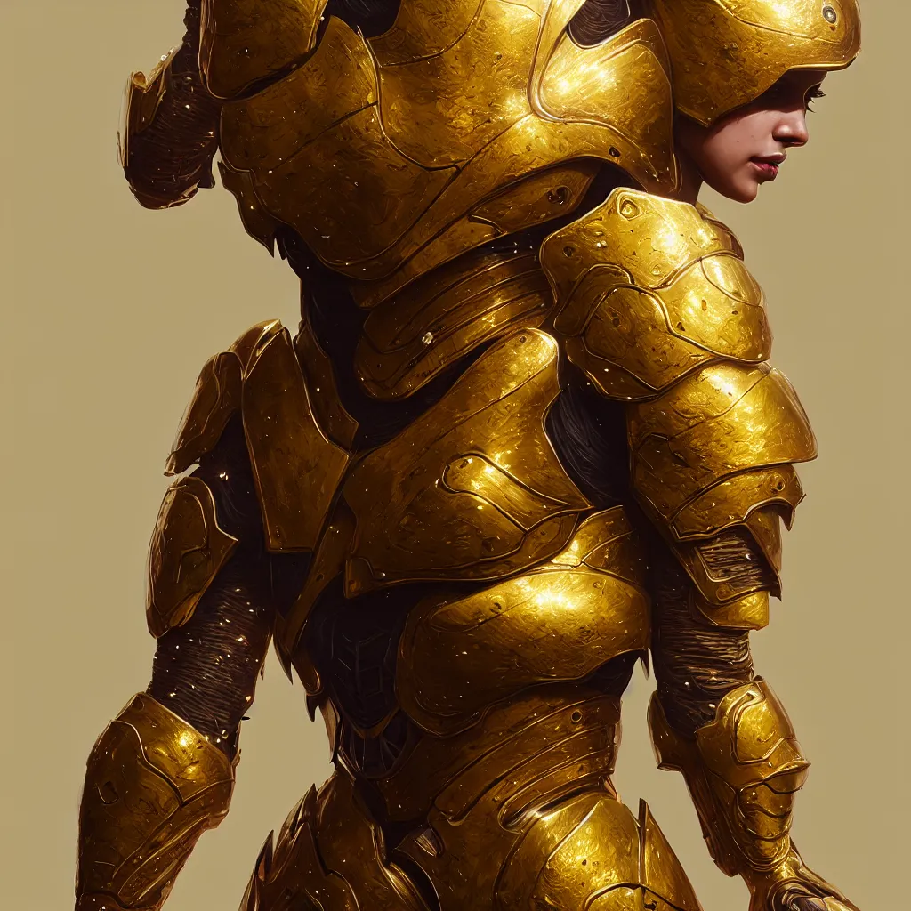 Image similar to hyper realistic and highly detailed woman golden armor, greg rutkowski, zabrocki, karlkka, jayison devadas, intricate, trending on artstation, 8 k, unreal engine 5, pincushion lens effect