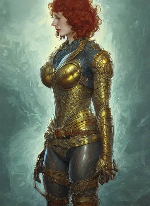 Image similar to Christina Hendricks as a ruggedly handsome hero staring into the camera, golden hour, intricate, elegant, highly detailed, centered, digital painting, artstation, concept art, smooth, sharp focus, illustration, artgerm, donato giancola, Joseph Christian Leyendecker, WLOP, Boris Vallejo, Artgerm