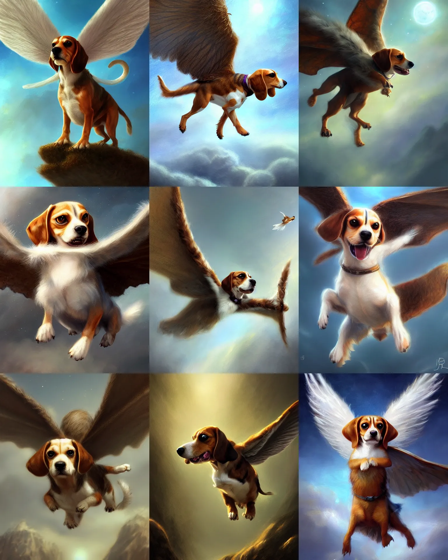 Prompt: cute flying beagle, ears as wings, cinematic, stunning, adorable, highly detailed fur, digital painting, artstation, smooth, hard focus, illustration, art by jessica rossier and and brian froud