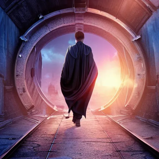 Image similar to sci-fi time traveler nomad wearing a cloak, cape, walking through a neone clock tunnel into another dimension, clocks falling, hdr, glow, sunset, zack snyder cinematography style, dark, cinematic, cinema lighting, highly detailed, ultra realistic, cinematic lighting, 8k