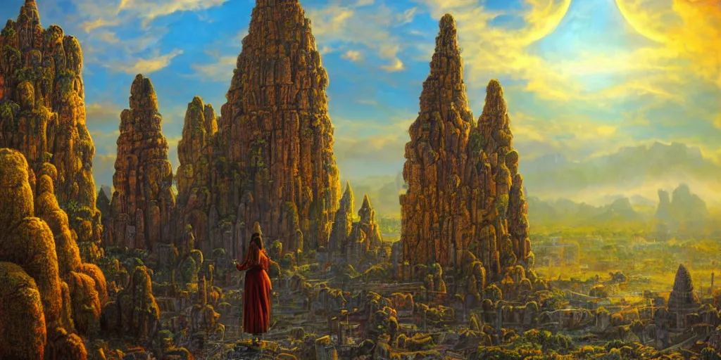 Image similar to fantasy oil painting, megalithic city of laos, fantasy, buildings, colossal, gate, looming, small buildings, warm lighting, street view, daytime, silhouetted figure standing overlooking the port city, epic, distant mountains, bright clouds, luminous sky, cinematic lighting, michael cheval, michael whelan, artstation, oil painting, vray, 8 k hd