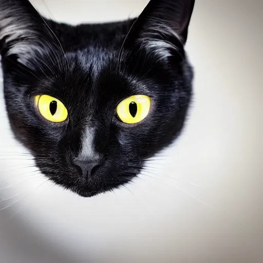 Prompt: a photo of a black cat with black eyes, there is a white hat on top of the cat's head.