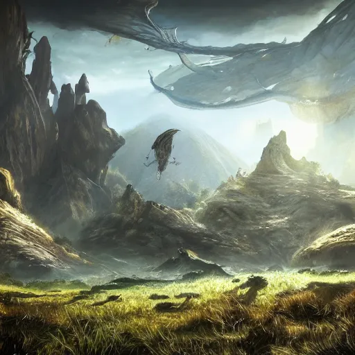 Prompt: photorealistic fantasy concept art of an unknown alien landscape, with its own creatures and fauna, dynamic lighting, realism, stunning visuals, beautiful scenery,mysterious scenery