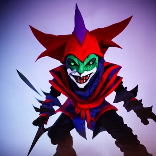 Image similar to ultra realistic shaco the mischevious jester tricking his enemies before he stabs them in the back with his wavy daggers