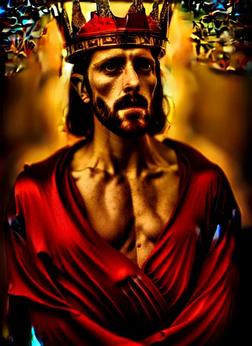 Image similar to 'Portrait of Crowned King Arthur' by Lee Jeffries royally decorated, whirling plasma, atmospheric motes, red and gold Sumptuous garb, gilt silk fabric, radiant colors, fantasy, perfect lighting, studio lit, micro details,