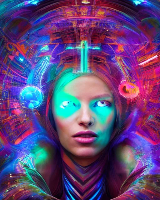 Prompt: a powerful energy psychedelic woman, by alexander fedosav, hyper detailed digital matte painting, concept art, hyperrealism, 1 6 k resolution, cinema 4 d, 8 k resolution, trending on artstation, behance hd, a masterpiece, by stephan martiniere, particles, cel - shaded, power bright neon energy, by david a. hardy,