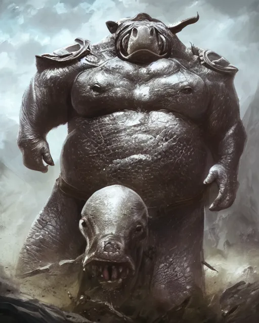 Image similar to Hippo, Anthropomorphized, as warlord general on skull throne, magic the gathering artwork, D&D, fantasy, cinematic lighting, centered, symmetrical, highly detailed, digital painting, artstation, concept art, smooth, sharp focus, illustration, volumetric lighting, epic Composition, 8k, art by Akihiko Yoshida and Greg Rutkowski and Craig Mullins, heroic pose, oil painting, cgsociety, Battlefield background, explosions, arrows