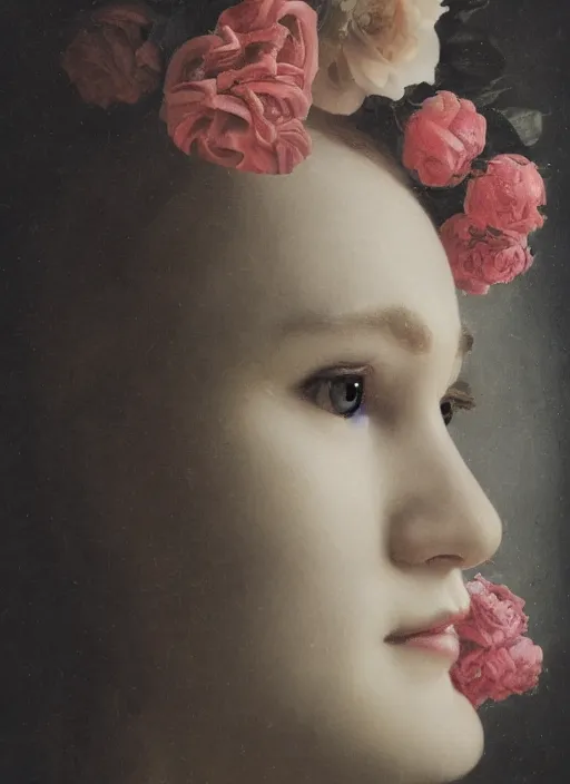 Prompt: a womans face in profile made of roses and ivory in the style of the dutch masters and gregory crewdson dark and moody