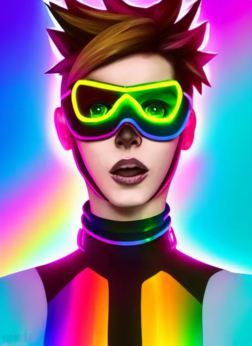 Image similar to full bod digital illustration portrait of tracer overwatch, confident pose, full body, full body, wearing black jagged iridescent rainbow latex armor, rainbow, neon, 4 k, expressive surprised expression, makeup, wearing large rainbow neon choker, studio lighting, acid, trippy, black leather harness, expressive detailed face and eyes,