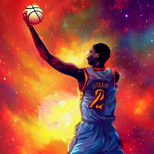 Prompt: Expressive painting of a basketball player dunking, depicted as an explosion of a nebula, digital art by Ross Tran, trending on artstation