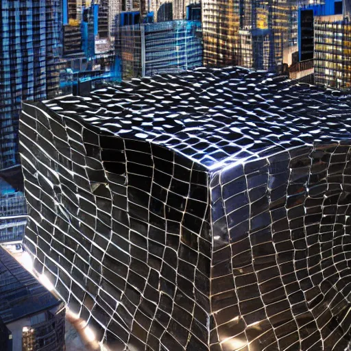 Image similar to a giant metallic obsidian cubic art installation constructed in the middle of an elegant sci - fi metropolis