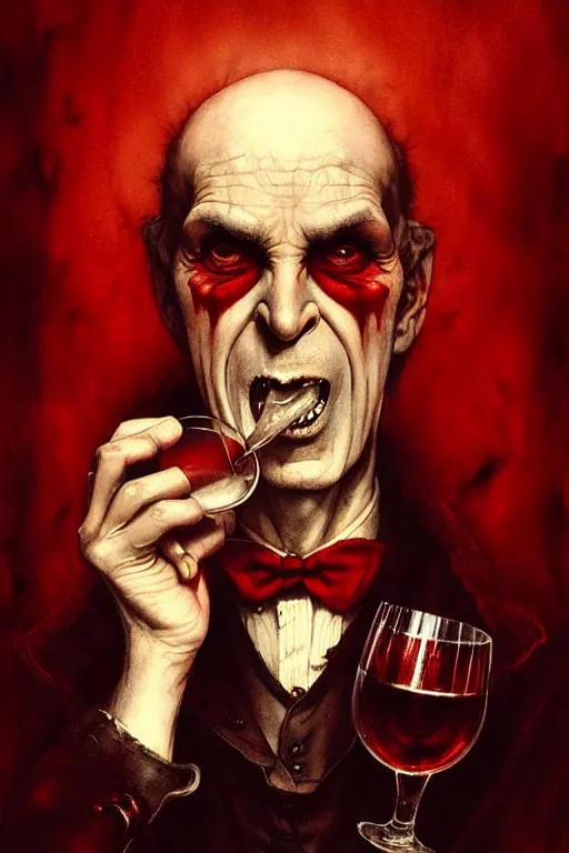 Image similar to old male vampire drinking red wine | esoteric symbolism | jean - baptiste monge, esao andrews, bastien lecouffe - deharme, tim jacobus, ken currie | ultra - detailed realism, soft cinematic lighting, hi - fructose, artstation, high - quality, ink watercolors wes anderson poster art