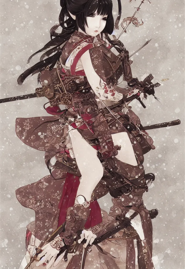 Prompt: detailed portrait of steampunk girl samurai with tachi and cross bow combat pose in snow forest sakura cherry blossom swan hakama kimono trending on artstation elite, elegant, luxury, by krenz cushart junji ito, perfect face, fine details, realistic shaded, fine - face, pretty face