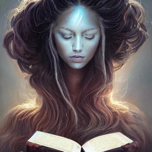 Prompt: An incredible fantastical painting of a girl reading book, hair flowing down | symmetric!, anatomically correct | by Greg Rutkowski and Greg Staples with James Gurney | hyperrealism artwork beautiful detailed painting | trending on Artstation