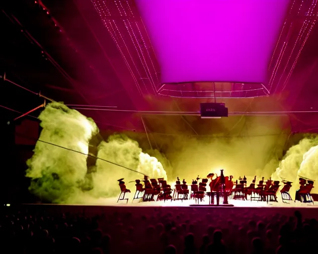 Prompt: orchestra on stage, band playing, giant led screens, soft colors, glowing - thin - wires, smoke, dust, ultrafine detail, ornate, associated press photo, band playing instruments, smoke, detailed projections, volumetric