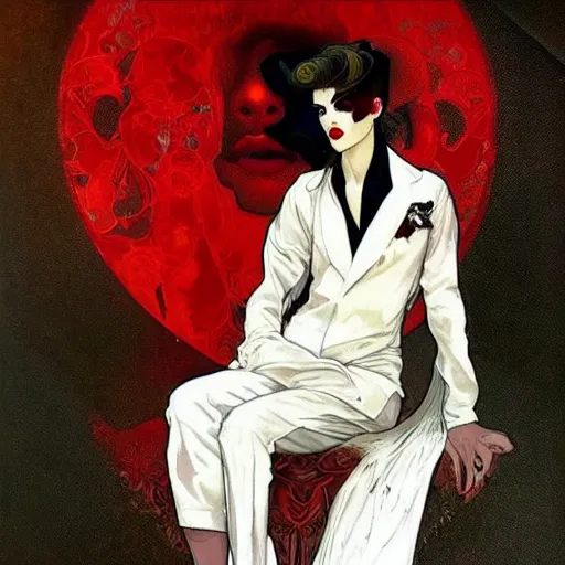 Image similar to beautiful portrait of androgynous ruby rose as desire from sandman in a white tuxedo!!!, rockabilly style,, by alphonse mucha, by jeremy mann, by peter lindbergh, dave mckean, by frank moth, by cedric peyravernay, white suit and black tie, soft lightning, high detailed, 8 k