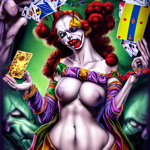 Prompt: 4K headshot of sexy goddess clown with defined arms and open hands and with giant joker playing card in background , intricate face , flawless anime cel animation by Kentaro Miura, psychedelic , highly detailed upper body , professionally post-processed , beautiful, scary, symmetry accurate features, epic, octane rendered, anime masterpiece, accurate