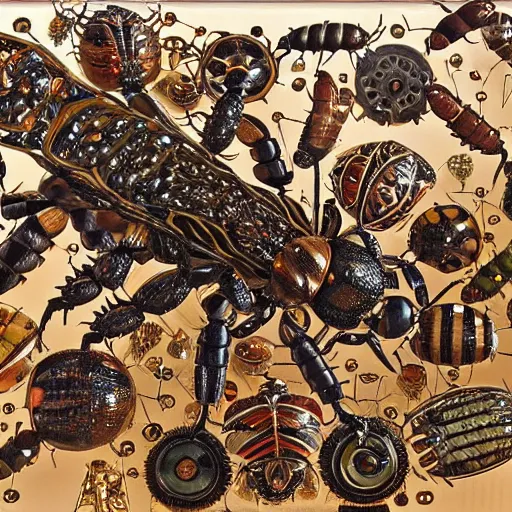 Image similar to complex intricate moving mechanism made of insects and bugs and beetles, diy symmetric electromechanical machine, hyperdetailed maximalism