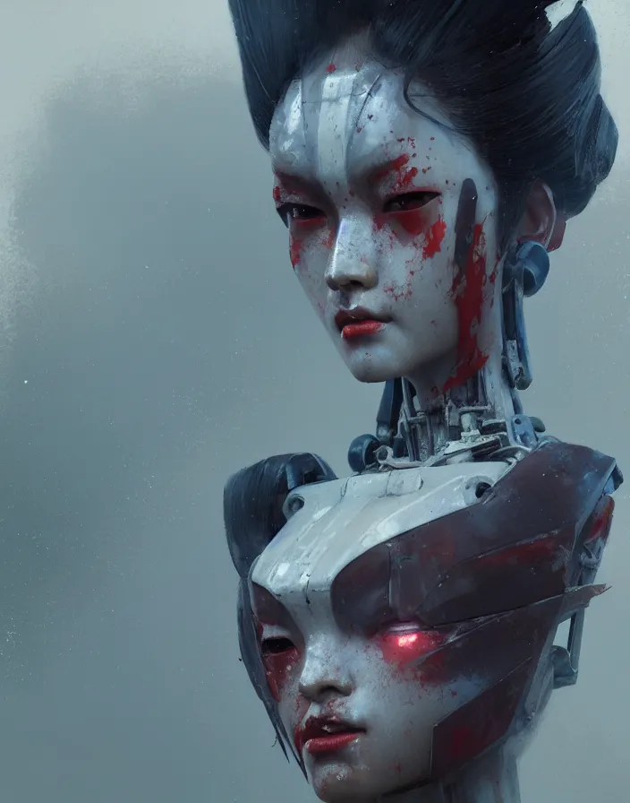 Image similar to portrait of a geisha robot by greg rutkowski and ruan jia, mecha, washed colors, dark, gloomy, matte painting, unreal engine 5