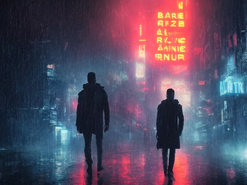 Prompt: Aaron Swartz in film still from Blade Runner 2049, beautiful lighting, raining, neon lights, cinematic depth, ultra-sharp details, imax post production, criterion collection, 8k