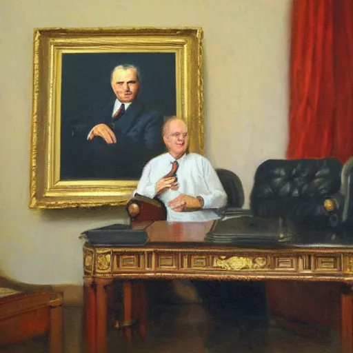 Prompt: senator armstrong sitting in oval office, oil painting, presidential portrait