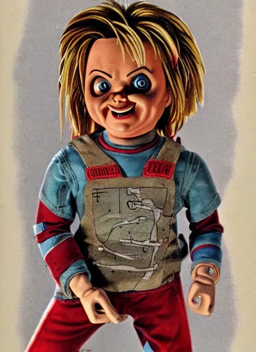 Prompt: vintage medical anatomical illustration of chucky from child's play ( 1 9 8 6 ), highly detailed, labels, intricate writing