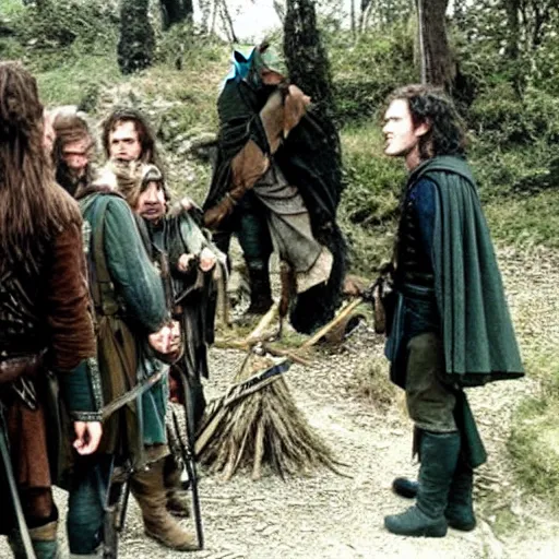 Prompt: behind the scenes of the filming of lord of the rings.