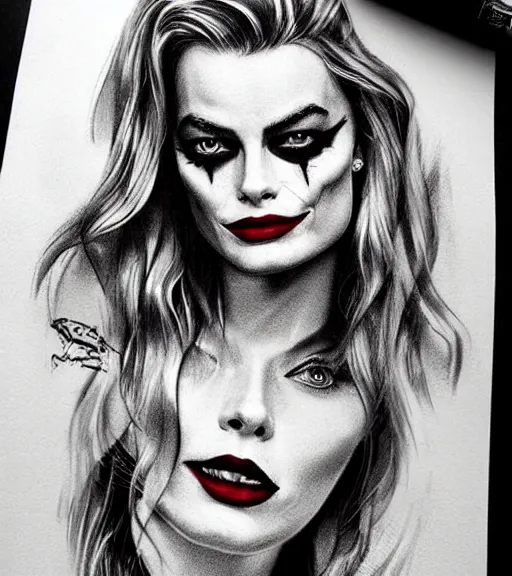 Image similar to tattoo design sketch of beautiful margot robbie portrait with joker makeup, in the style of den yakovlev, realistic face, black and white, realism tattoo, hyper realistic, highly detailed