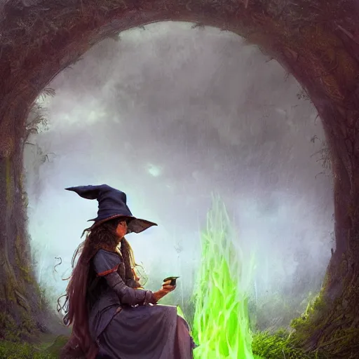 Image similar to Epic portrait an witch brewing green liquid from cauldron, Blurry cabin backround, glowing, digital painting, artstation, concept art, soft light, hdri, smooth, sharp focus, illustration, fantasy, intricate, elegant, highly detailed, D&D, matte painting, in the style of Greg Rutkowski and Alphonse Mucha and artemisia, 8k, highly detailed, jurgens, rutkowski, bouguereau, pastoral, rustic, georgic