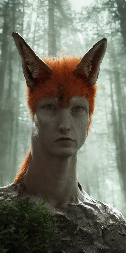 Prompt: half boy half fox hybrid, sunny day in the forrest, moody , lovecraft, giger, ridley scott, zack snyder, Fenghua Zhong, realistic cinematic lighting, establishing action shot, ultra detailed, hyper realism, photo, octane render.