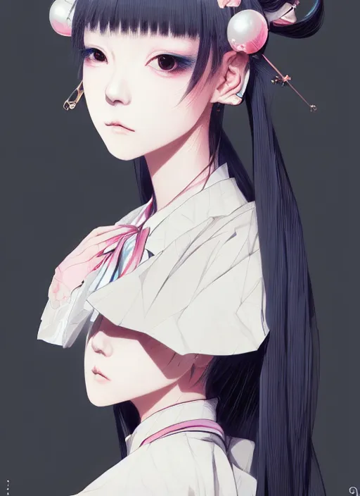 Prompt: a portrait of a young woman in japanese street fashion clothing, confident pose, intricate, elegant, sharp focus, illustration, highly detailed, concept art, matte, trending on artstation, anime, art by james jean and artgerm and brian despain and alberto mielgo, greg rutkowski, wlop, ilya kuvshinov, strong strokes