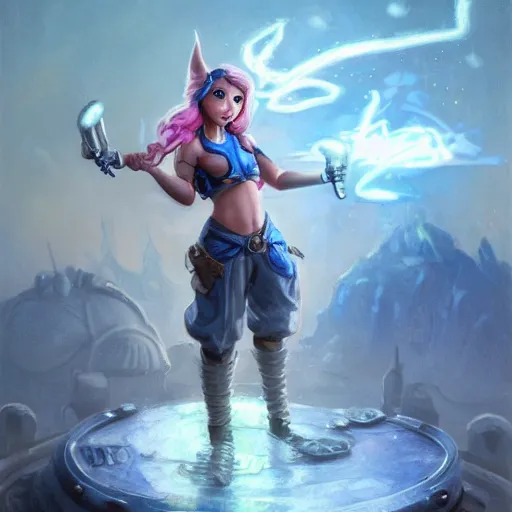 Image similar to beautiful muscular charming female gnome mechanic, fantasy magic bright blue lightning gauntlet arms, short black pixie undercut hair, standing on ship deck, naval background, intricate, fantasy magic, highly detailed, full body portrait, wide angle, digital painting, artstation, smooth, sharp focus, great composition, illustration, art by Greg Rutkowski, trending on artstation