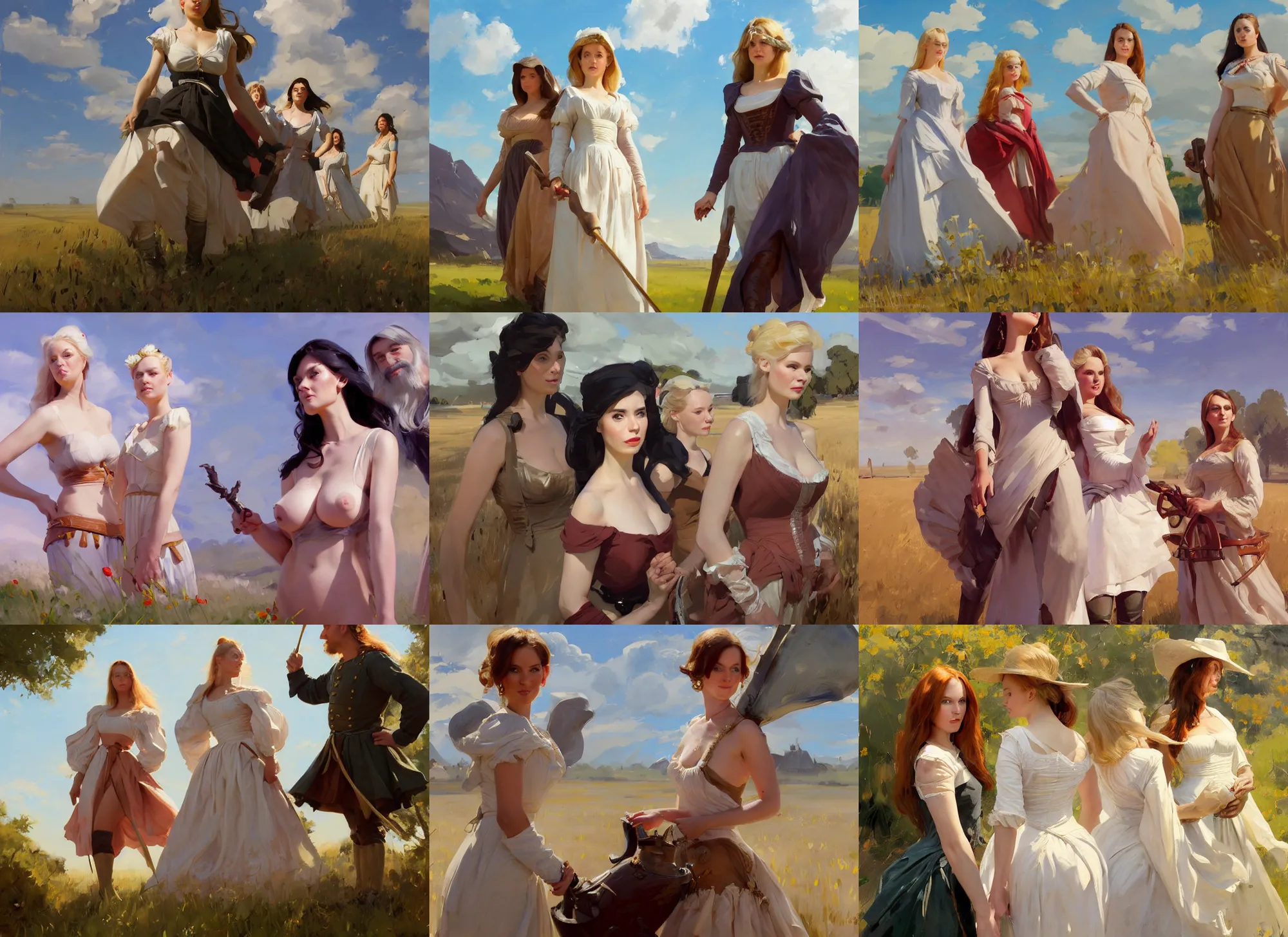 Prompt: three beautiful finnish norwegian swedish scandinavian attractive glamour models wearing 1 7 th century mantua with low neckline walking in the feild in a sunny day, jodhpurs greg manchess painting by sargent and leyendecker, studio ghibli fantasy close - up shot asymmetrical intricate elegant matte painting illustration hearthstone, by greg rutkowski by greg tocchini by james gilleard