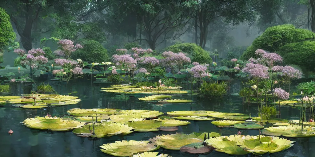 Image similar to dreamy pond full of lotus flowers at night, concept art, render by octane and blender, hyper realistic, cinematic lighting, unreal engin 5, by krenz cushart, 8 k, vray render, artstation, deviantart