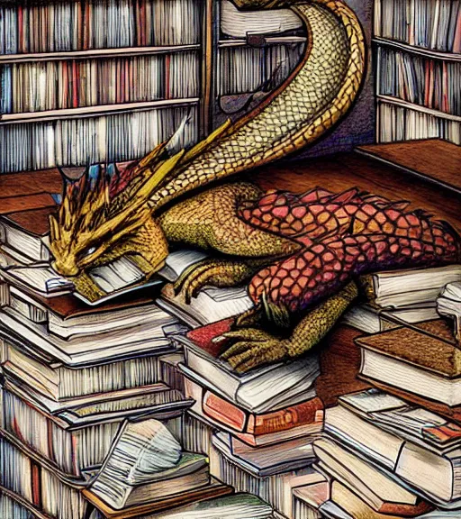 Prompt: A dragon sleeping on a huge pile of books, by Jody A Lee.