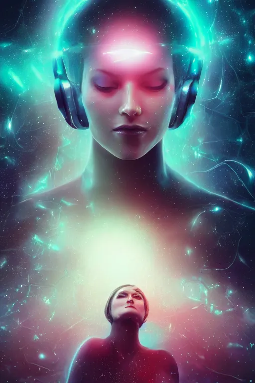 Image similar to portrait woman cyborg floating in space letting go of reality and experiencing the quantum feild, matte painting comic book art, cinematic, highly detailed, realistic, beautiful cosmic neural network, octane render, unreal engine, depth of field, trending on artstation, sharp focus, philosophical splashes of colors