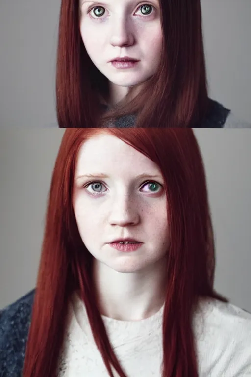 Image similar to ginny Weasley, symmetrical face two identical symmetrical eyes, feminine figure