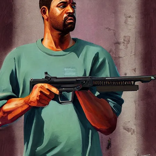 Image similar to a beautiful complex painting of cj from gta san holding a weapon