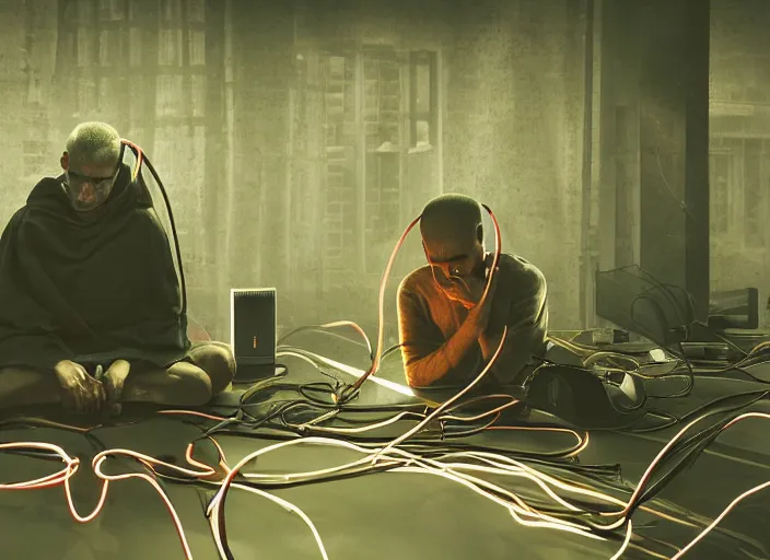 Prompt: a single monk wearing a headset kneeling with wires connecting him to a computer, glow, shadows, vr headset, headset, headset, dust, grime, dirt, nirvana, machines and wires everywhere, colorful neon lights, desaturated, bloom, creepy, dark shadowy surroundings, dystopian scifi, horror, stefan koidl inspired, 4 k