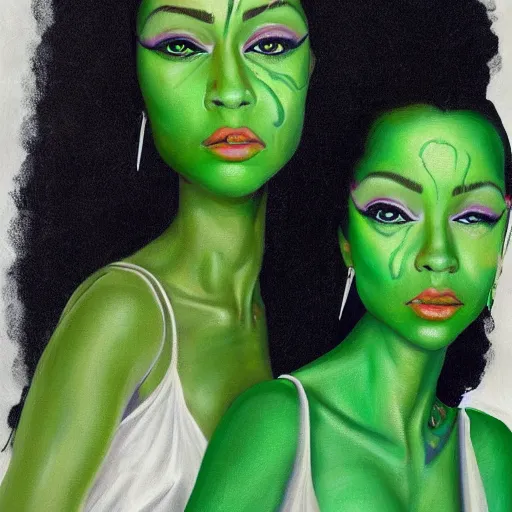 Image similar to a highly detailed painting. Beautiful twin sisters are being looked at by the musician Prince. He is green with jealousy. Trending on Artstation.