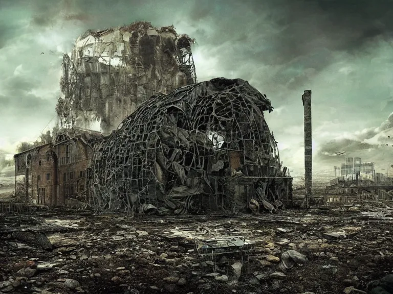 Prompt: postapocalyptic picture of caged raven, ruins around, nuclear explosion, erik johansson style, conceptual art, the last day on the earth, insane detail, hyper realistic 8 k textured