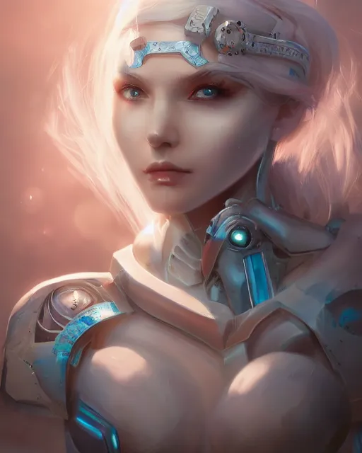 Prompt: holy cyborg necromancer girl, elegant, perfect face, scifi, futuristic, utopia, garden, illustration, atmosphere, top lighting, blue eyes, white hair, focused, artstation, highly detailed, art by yuhong ding and chengwei pan and serafleur and ina wong