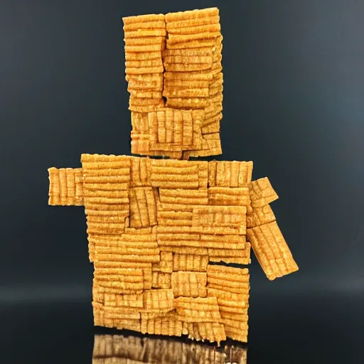 Prompt: A realistic looking man made of Cheez-Its, award winning photo, studio lighting, 8K