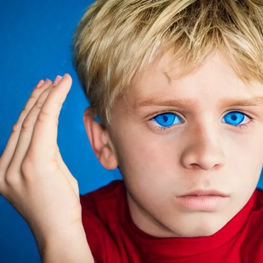 Image similar to portrait of a boy with his hand on his face, extremely realistic and real, photorealistic, blonde hair and blue eyes, detailed facial structure, real eyes that are detailed